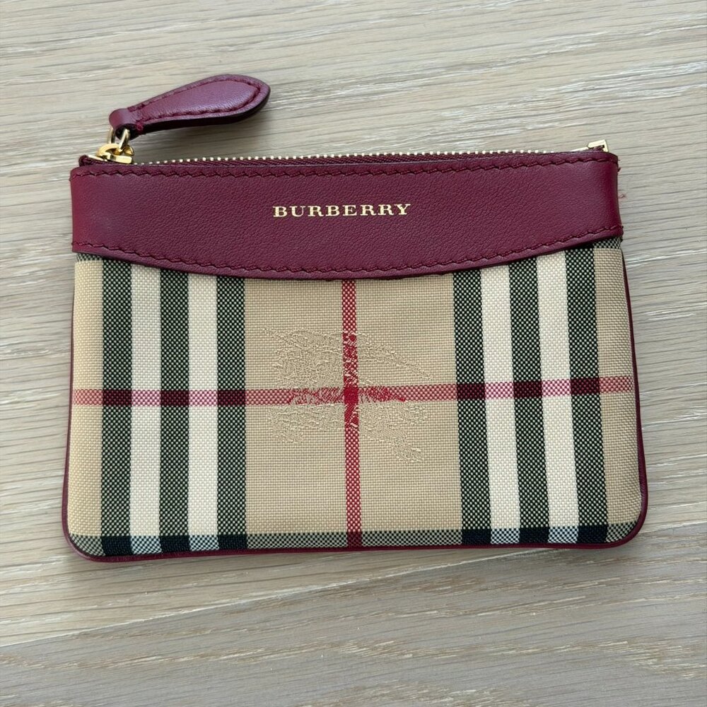 Burberry burgundy zip card holder with leather trim